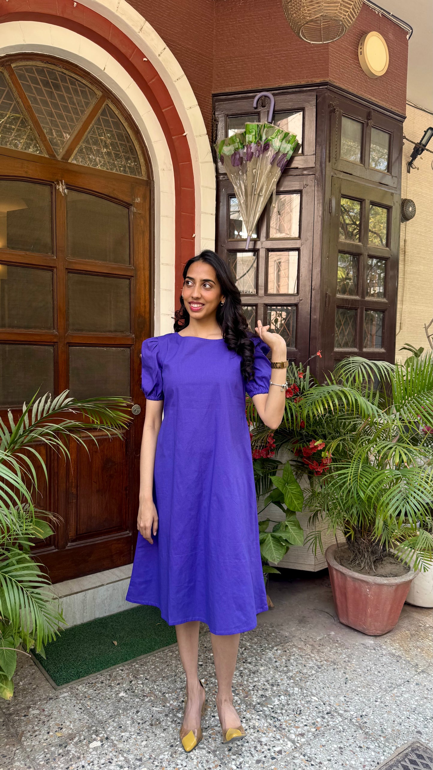 Purple Schiffli Bow Cotton Dress – Midi