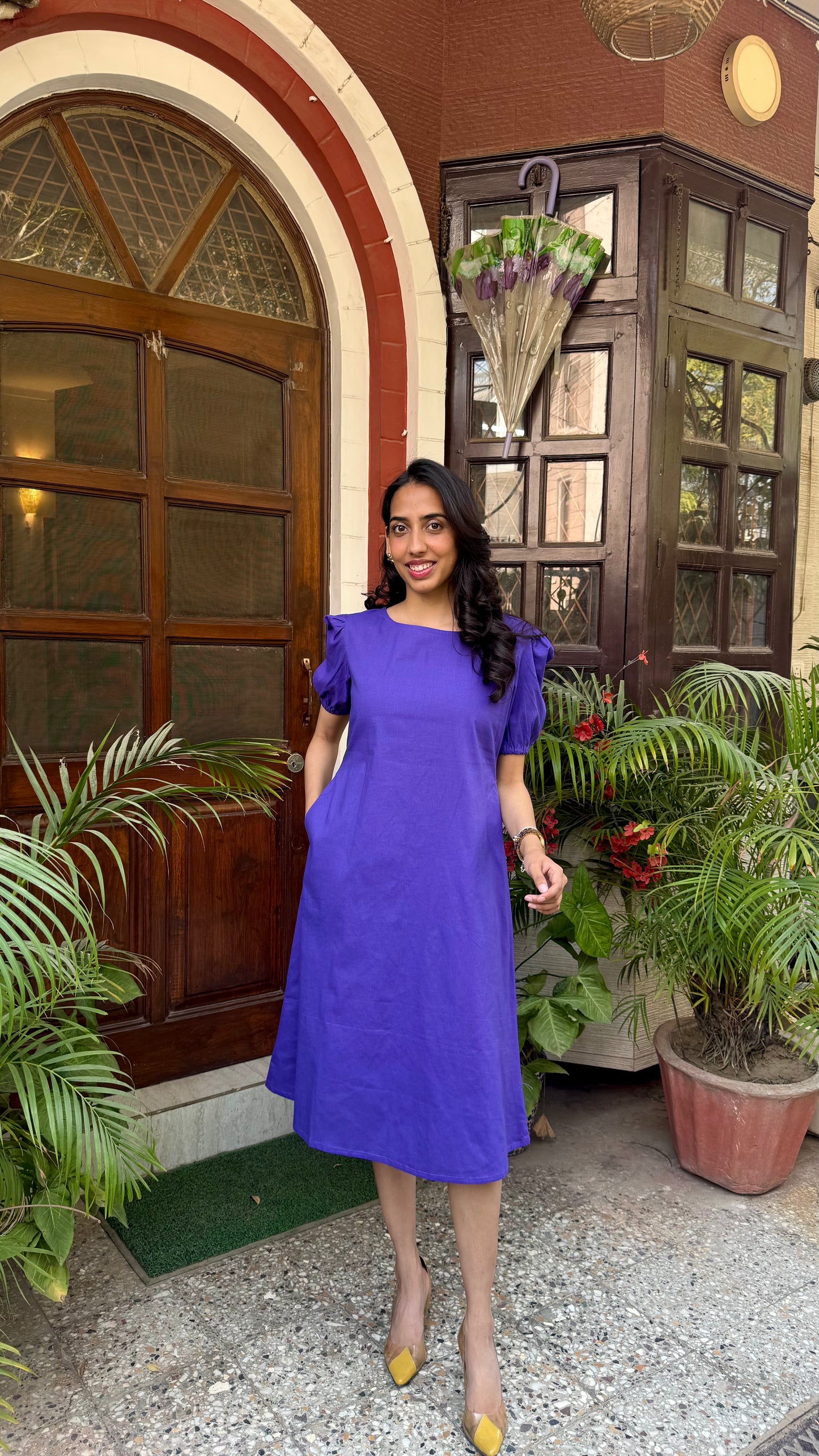 Purple Schiffli Bow Cotton Dress – Midi