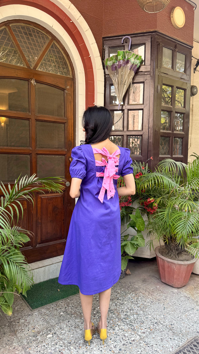 Purple Schiffli Bow Cotton Dress – Midi