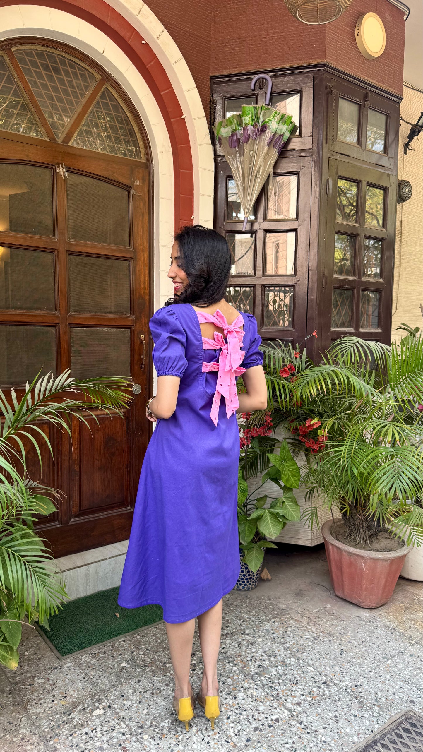 Purple Schiffli Bow Cotton Dress – Midi