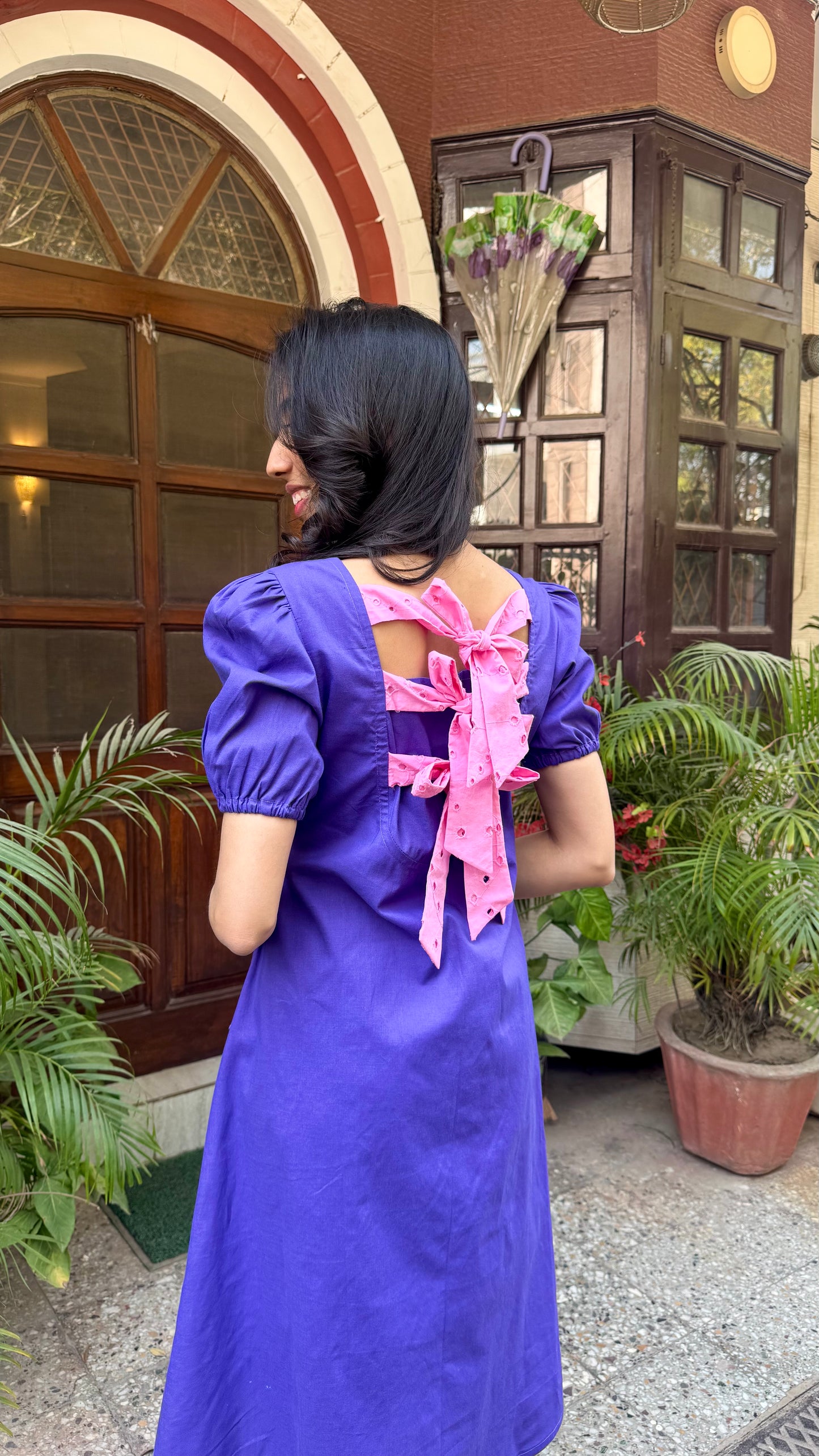 Purple Schiffli Bow Cotton Dress – Midi