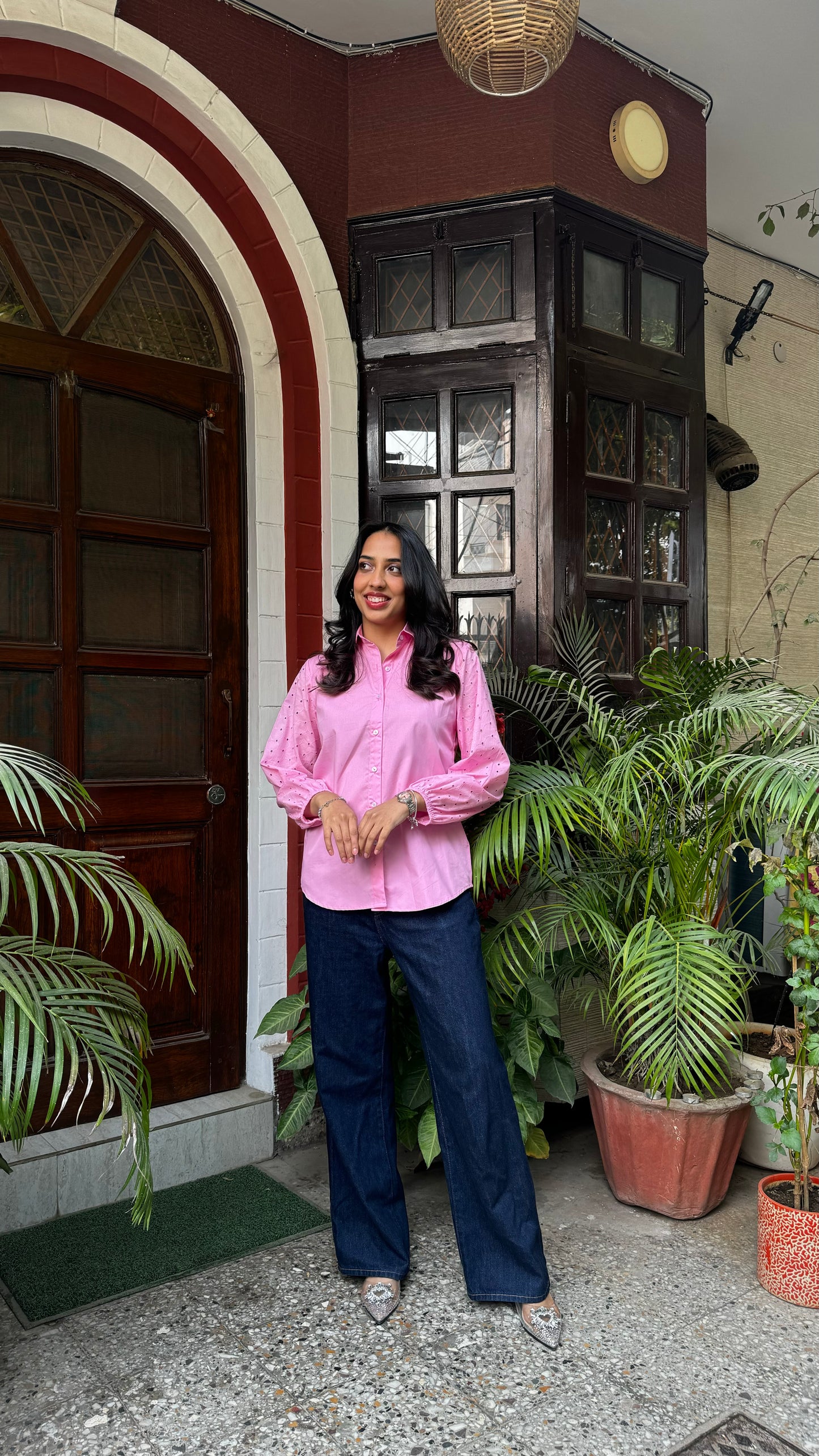 Schiffli Sleeves Shirt (Premium Fabric) – Pink