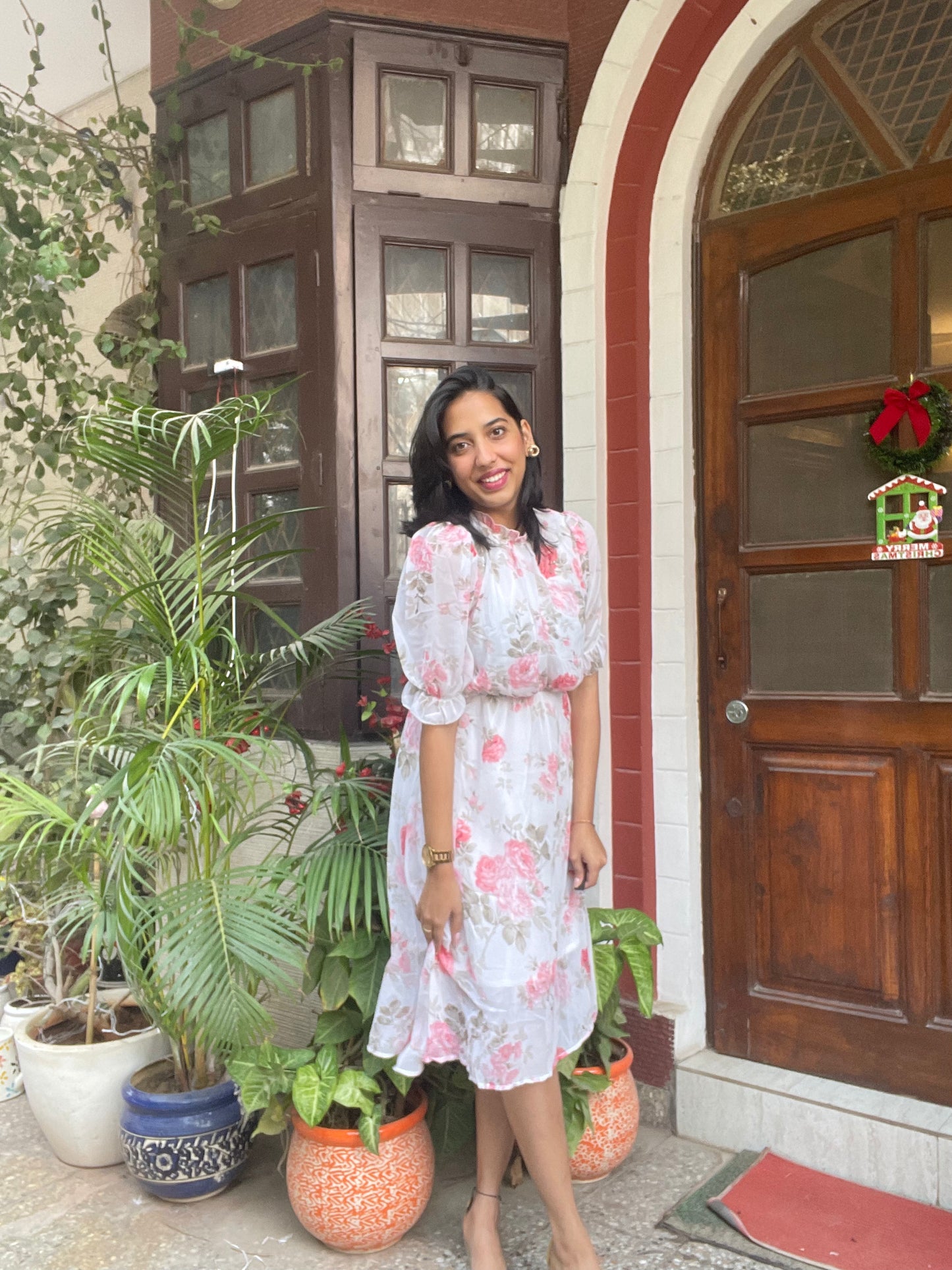 Floral Georgette Dress- White