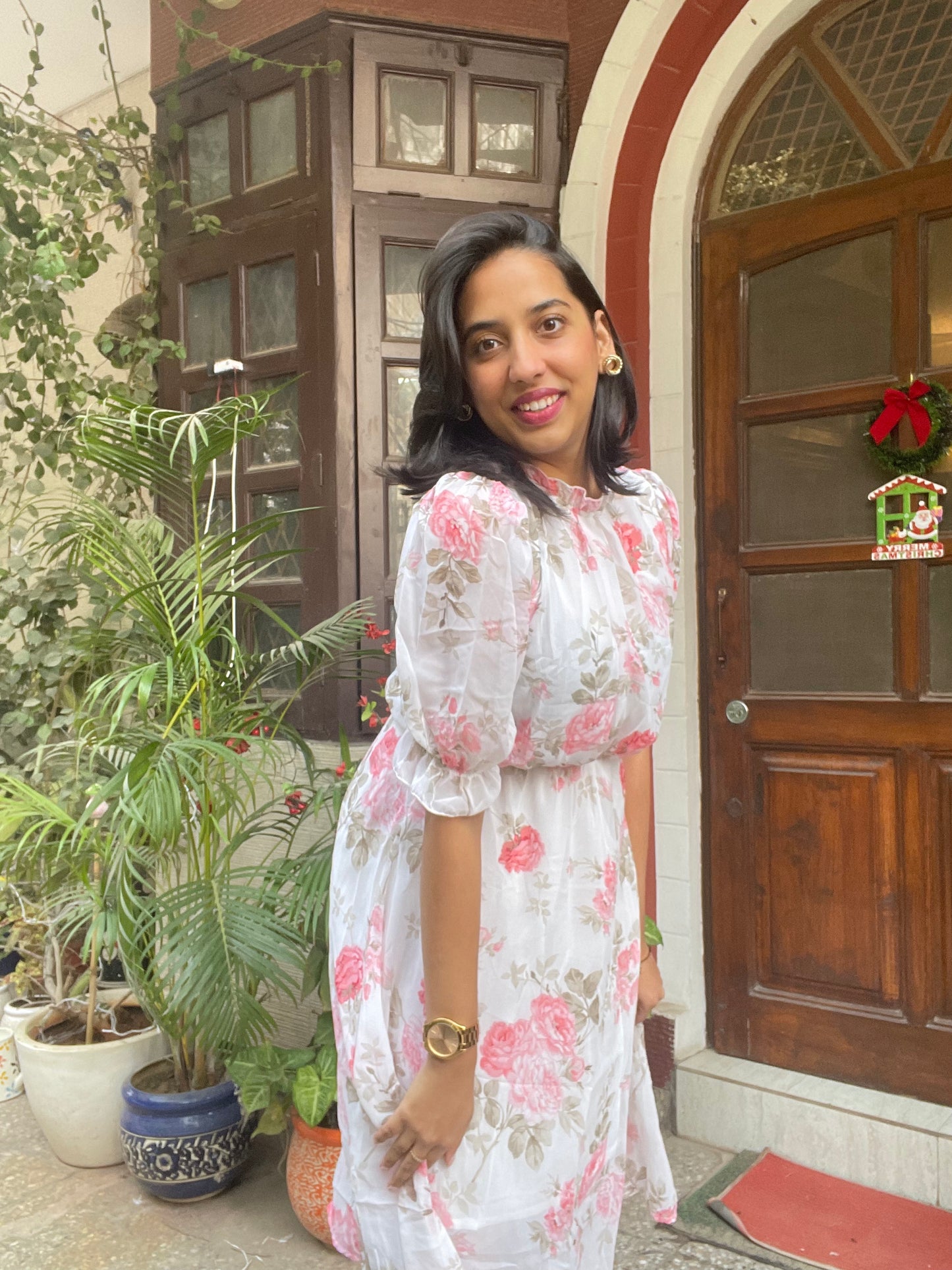 Floral Georgette Dress- White