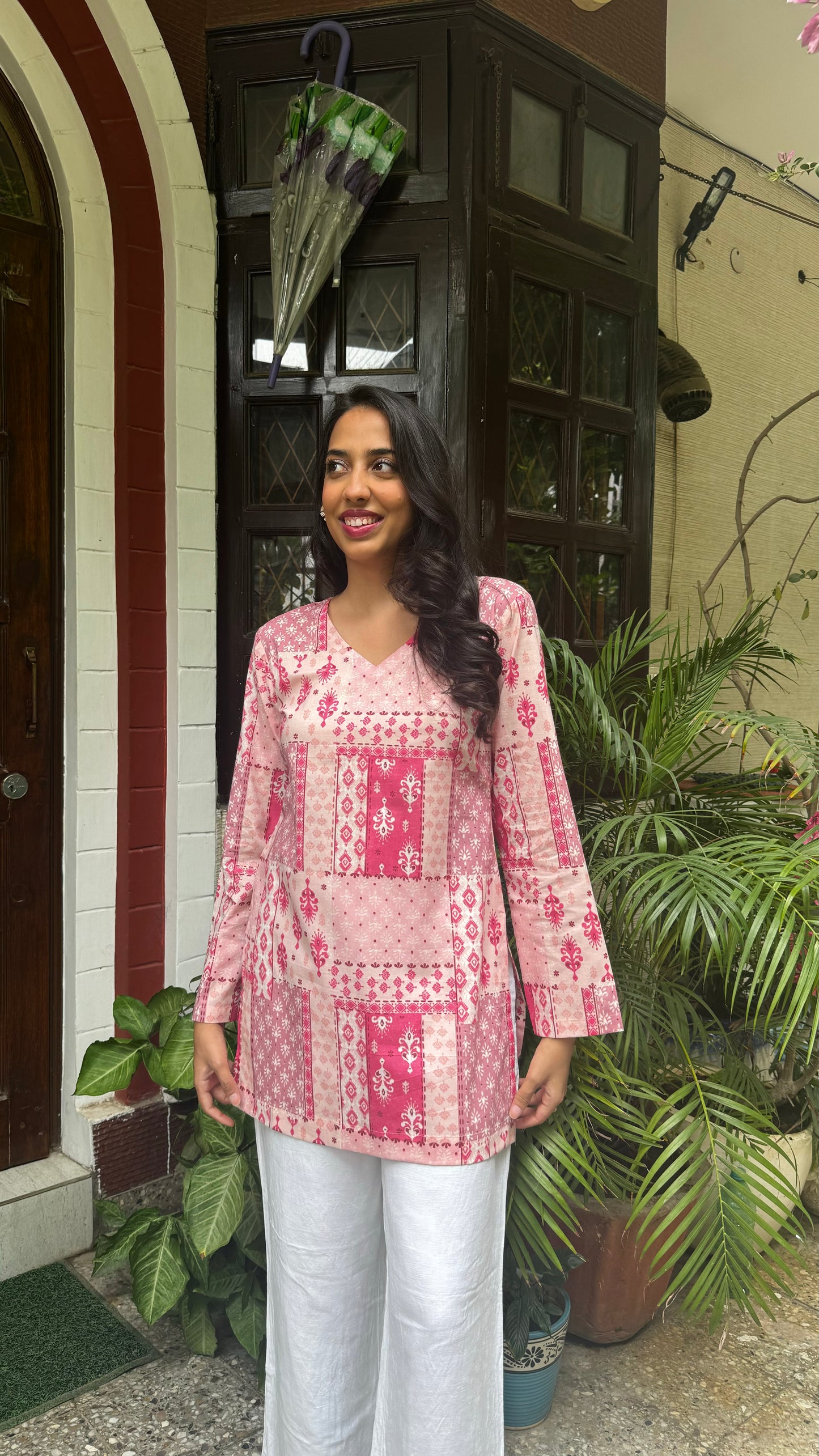 Criss-Cross Cotton Kurti - Pink (Premium Fabric)