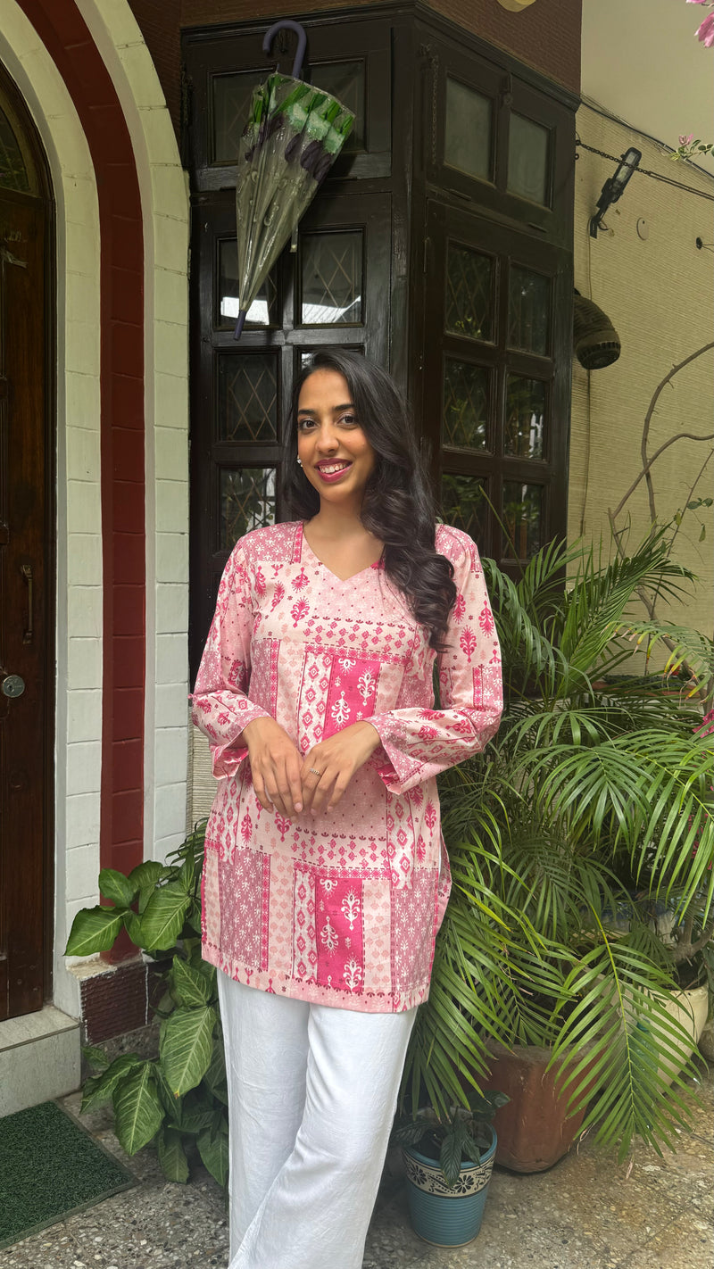 Criss-Cross Cotton Kurti - Pink (Premium Fabric)