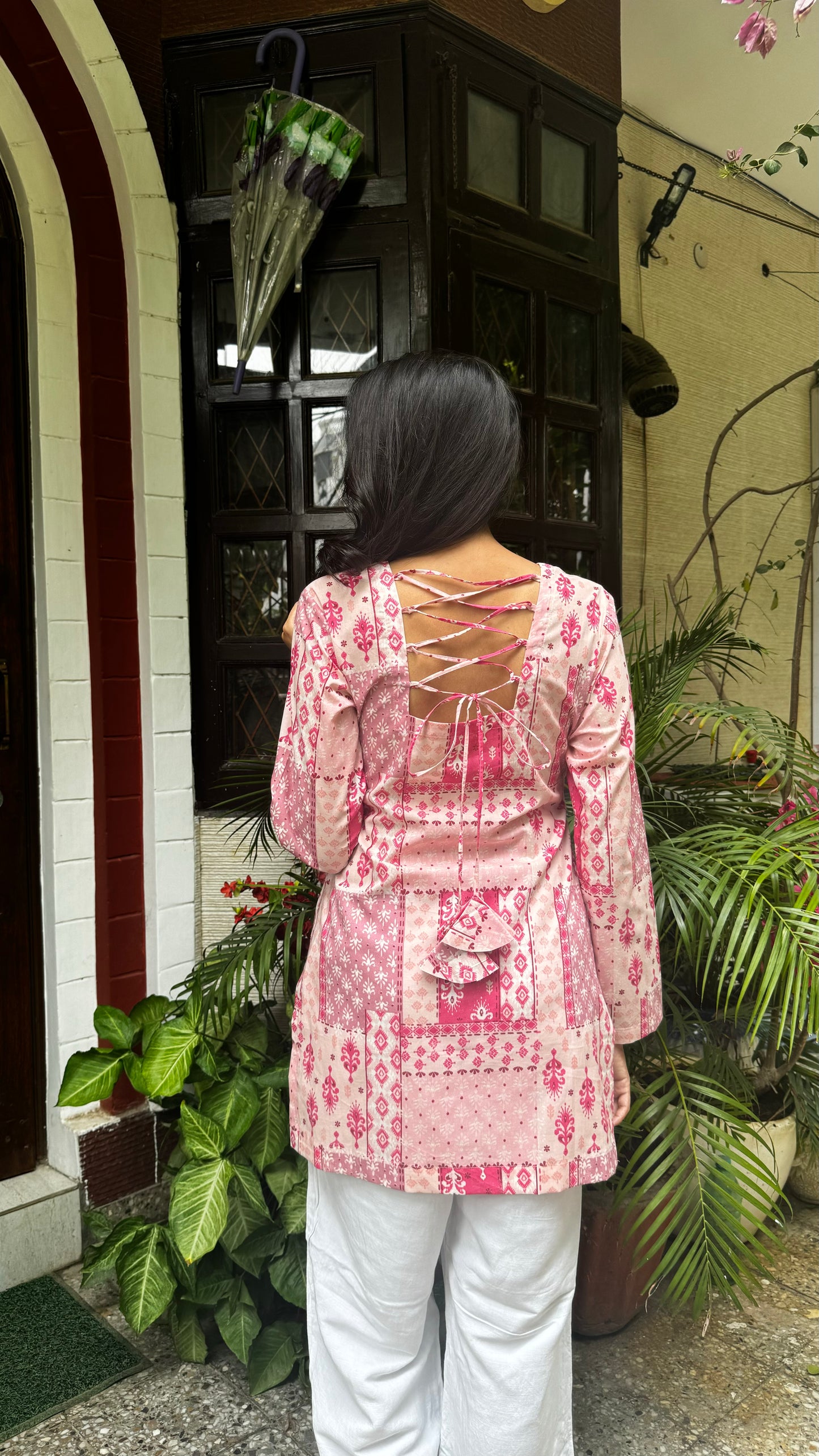 Criss-Cross Cotton Kurti - Pink (Premium Fabric)