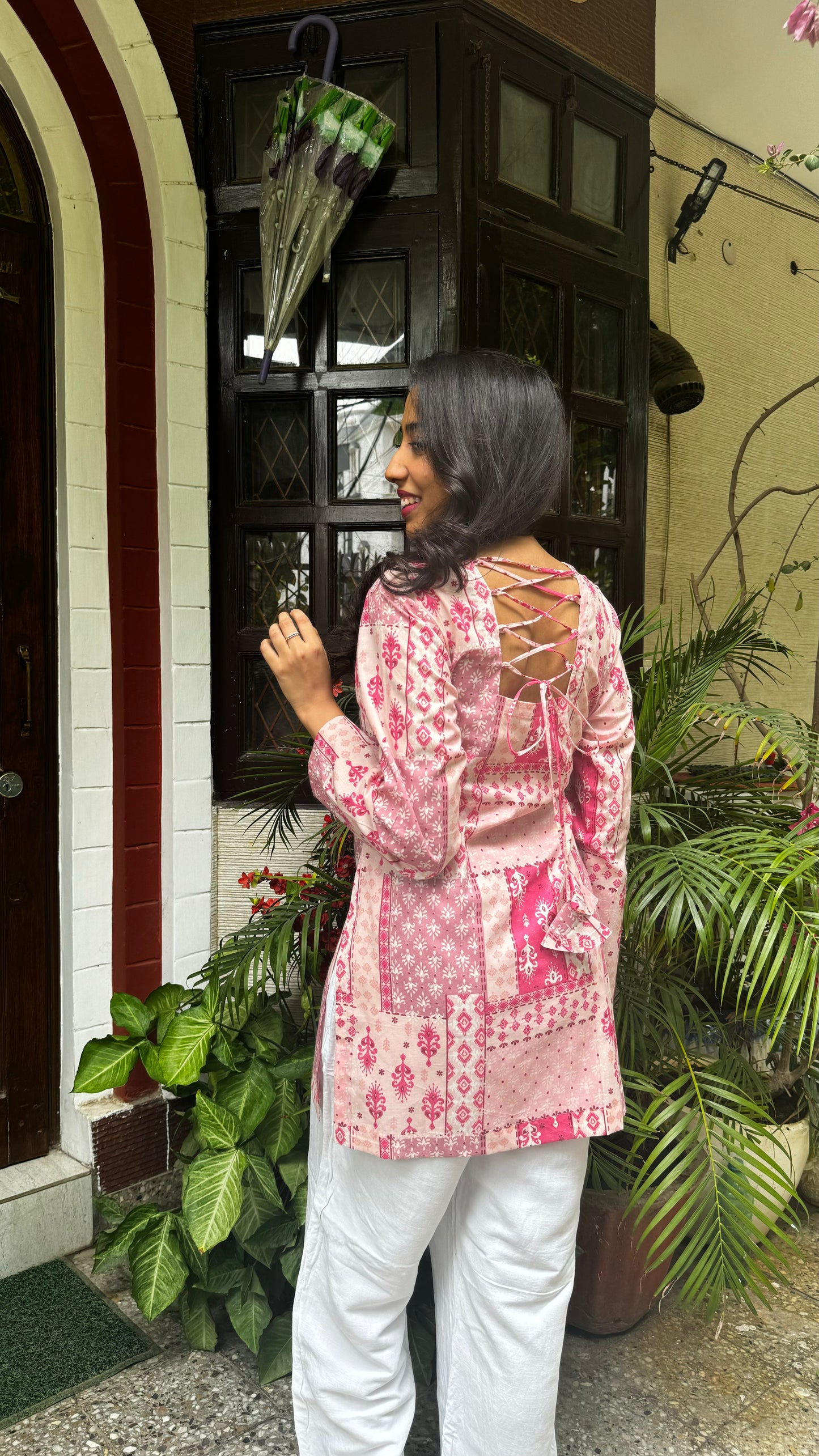 Criss-Cross Cotton Kurti - Pink (Premium Fabric)