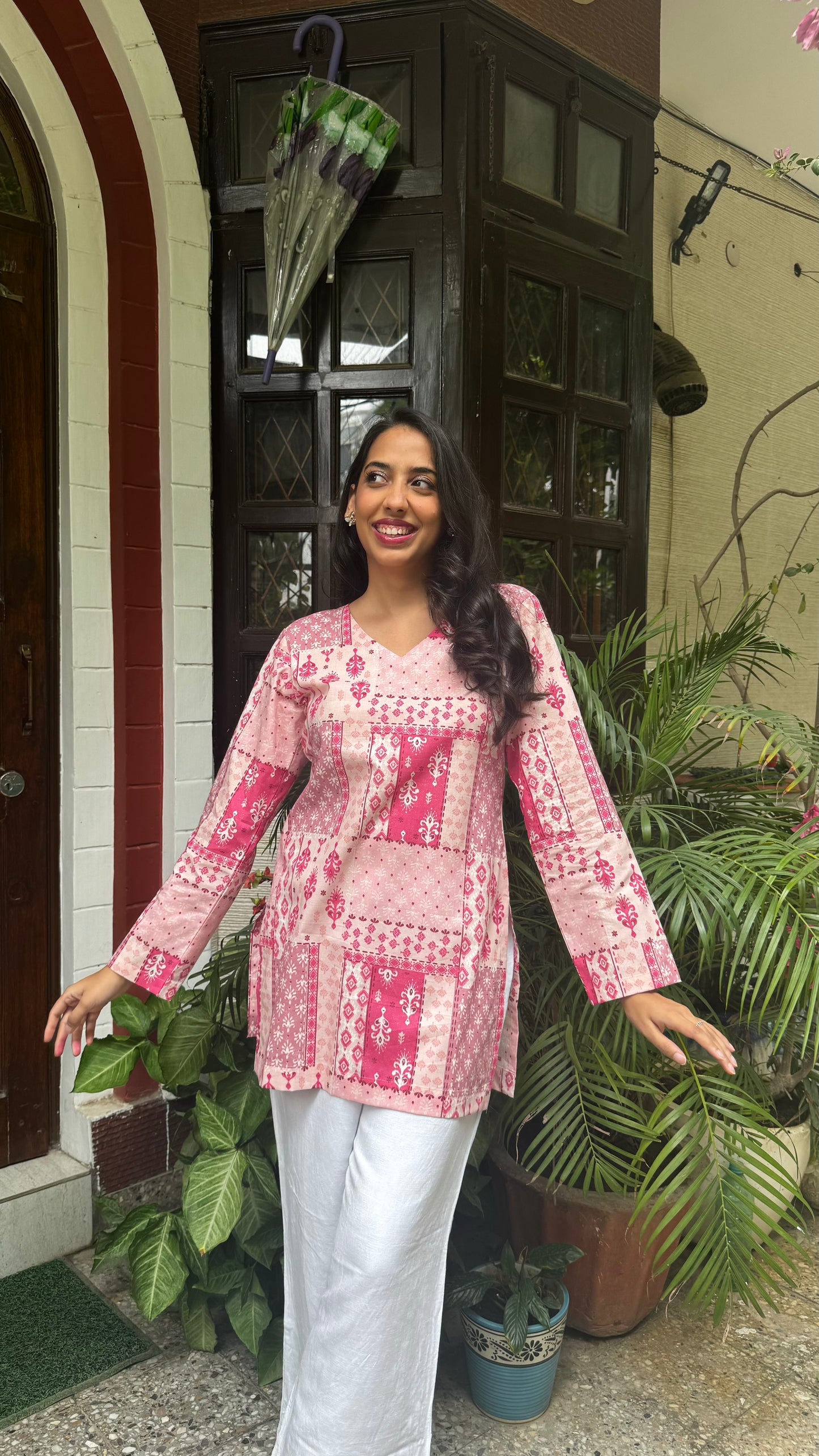 Criss-Cross Cotton Kurti - Pink (Premium Fabric)