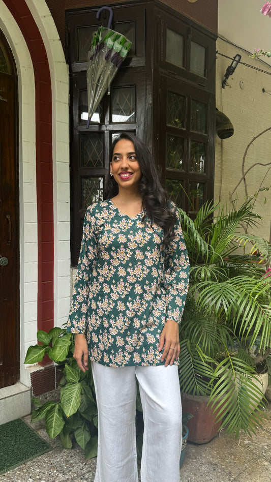 Criss-Cross Cotton Kurti - Green (Premium Fabric)