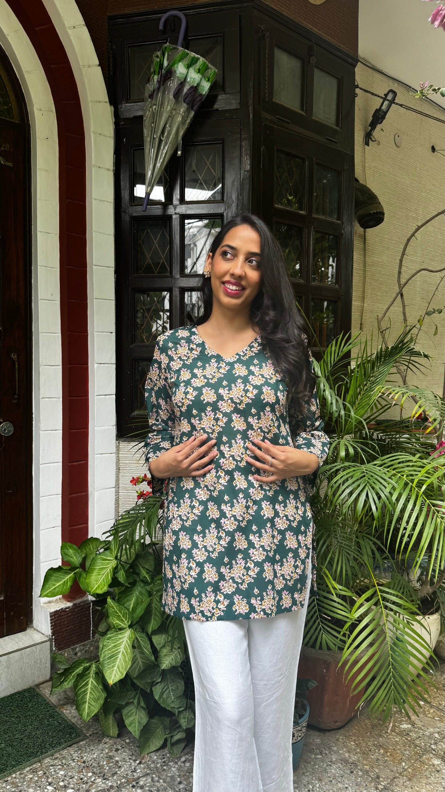 Criss-Cross Cotton Kurti - Green (Premium Fabric)
