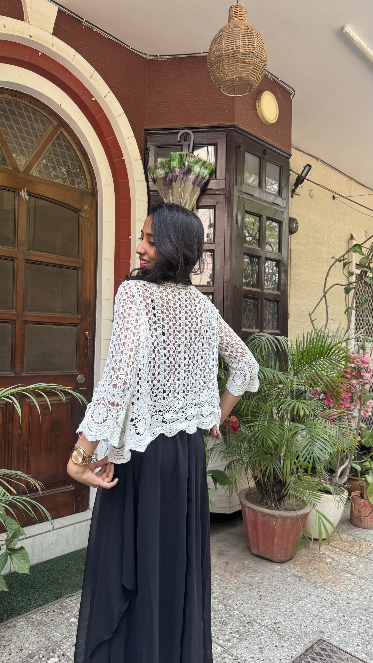 Crochet Inspired Lace Shrug - White (Free Size)