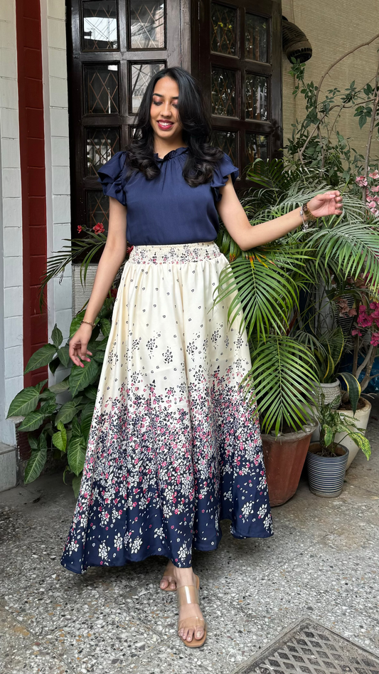 Ruffle Satin Top - Navy