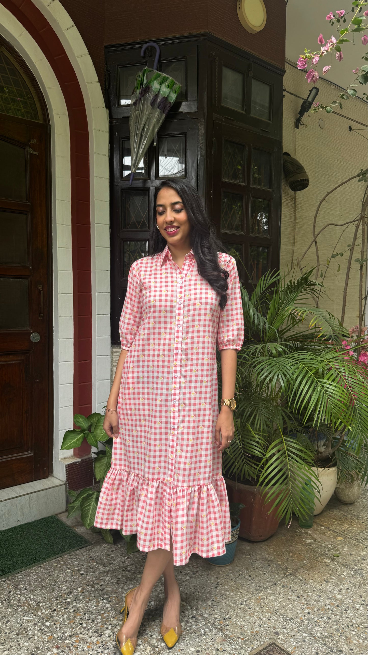 Spring Collared Cotton Dress – Red (Premium Collection)