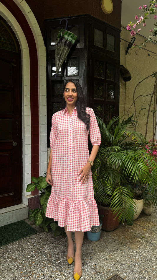 Spring Collared Cotton Dress – Red (Premium Collection)