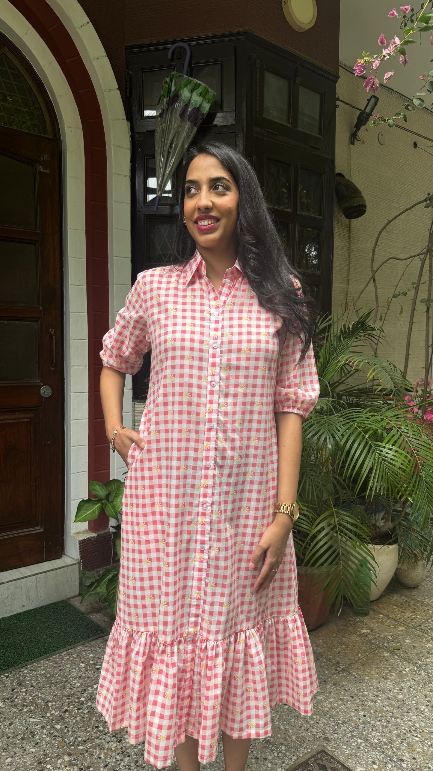 Spring Collared Cotton Dress – Red (Premium Collection)