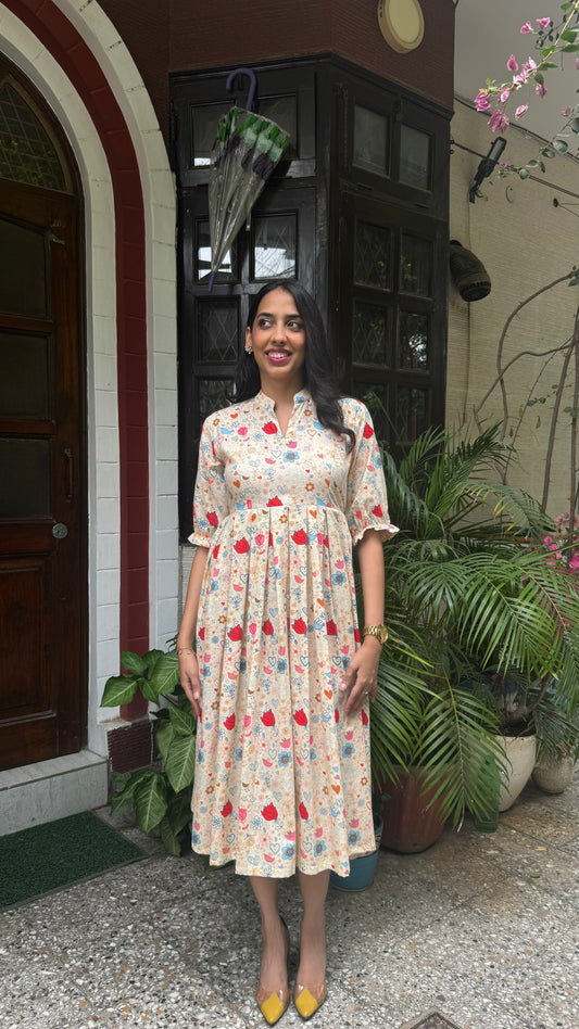 Floral Bloom Pleated Cotton Dress - Light Beige (Premium Collection)