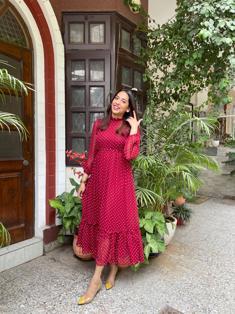Luxe Polka Dress- Maroon