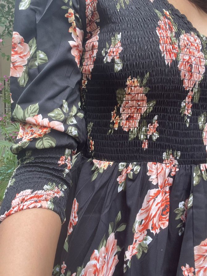 Black Floral Smocked Dress