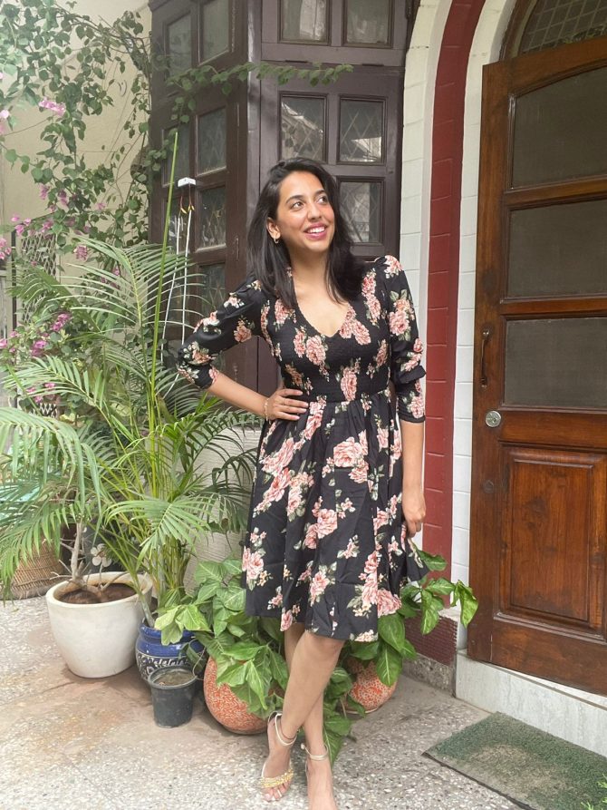 Black Floral Smocked Dress