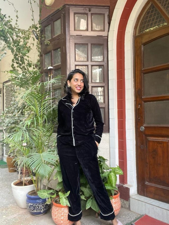 Velvet Nightsuit (Top & Pajamas Set)- Black