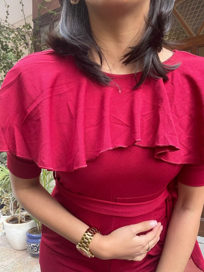 Ruffles Jumpsuit with Sleeves- Maroon