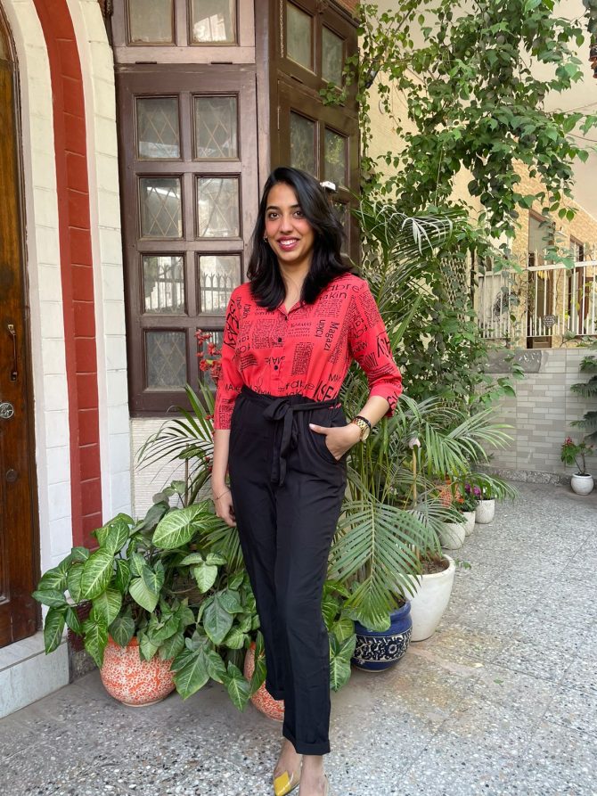 Magazine Printed Jumpsuit-Red