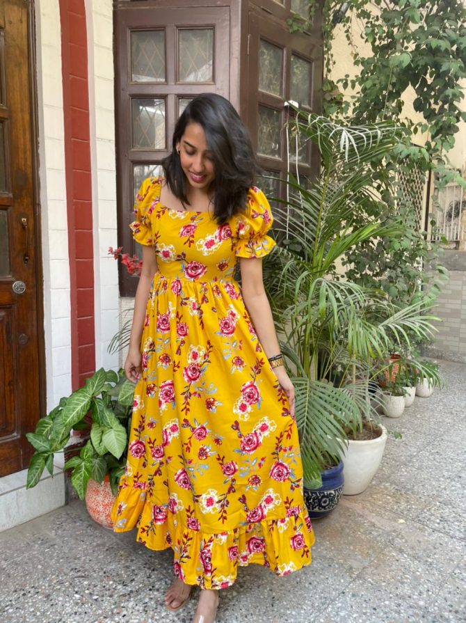 Floral Puffed Maxi Dress- Yellow