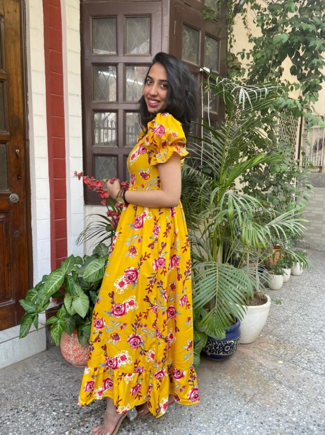 Floral Puffed Maxi Dress- Yellow