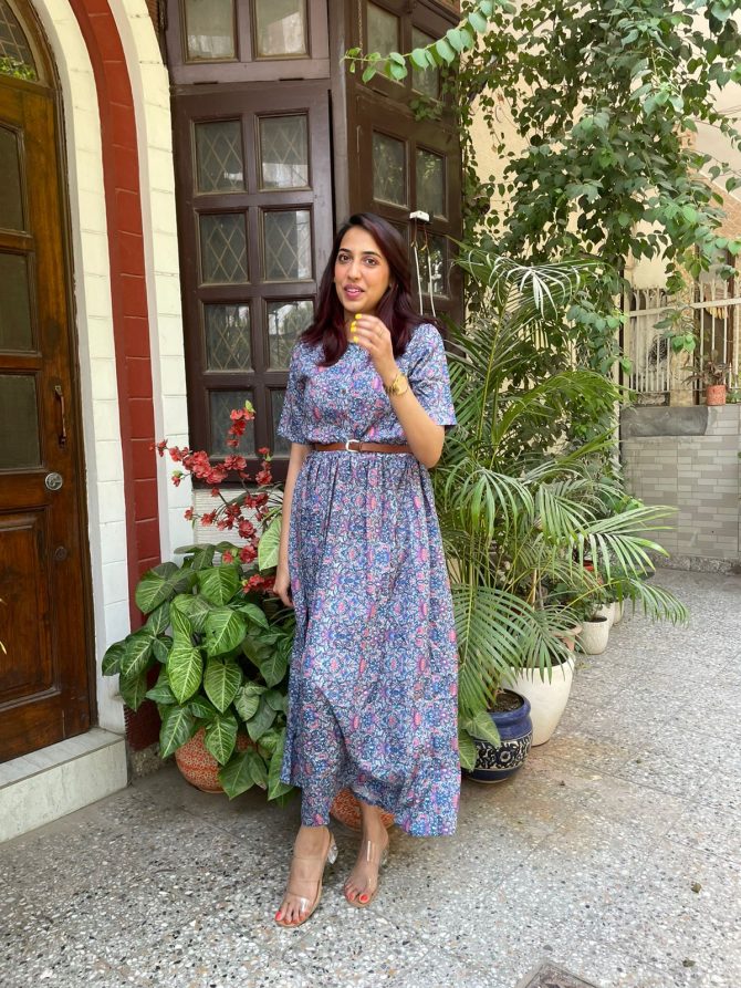 Floral Dress with Belt- Blue