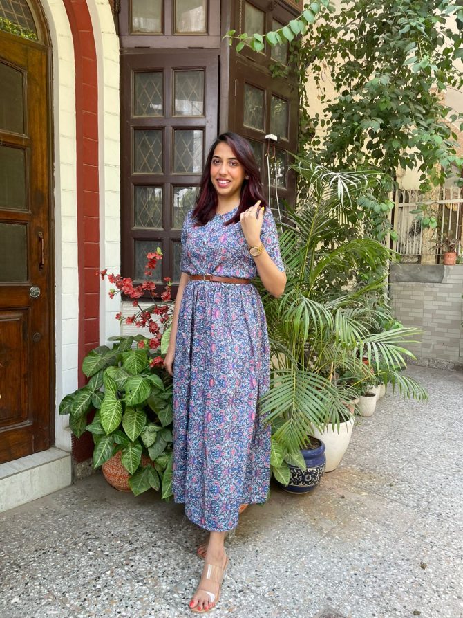 Floral Dress with Belt- Blue
