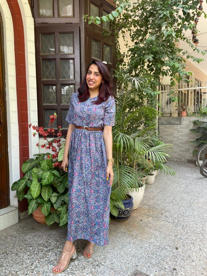 Floral Dress with Belt- Blue