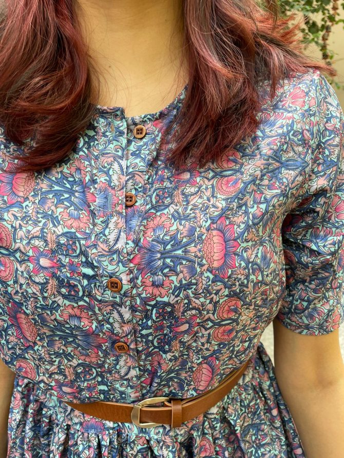 Floral Dress with Belt- Blue