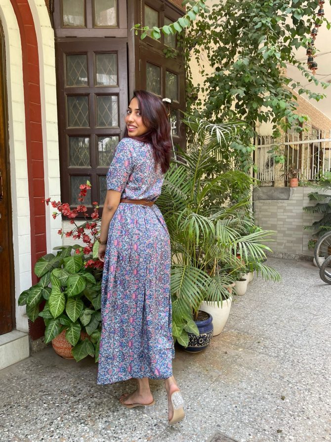 Floral Dress with Belt- Blue