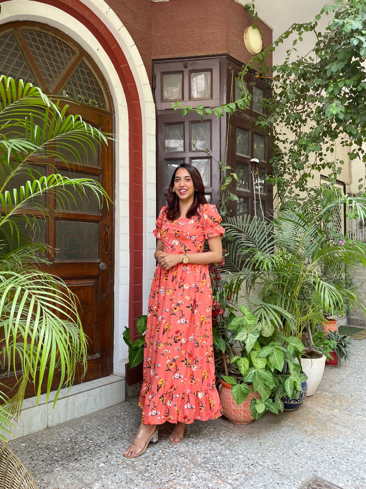 Floral Puffed Maxi Dress- Orange – The Wink Label