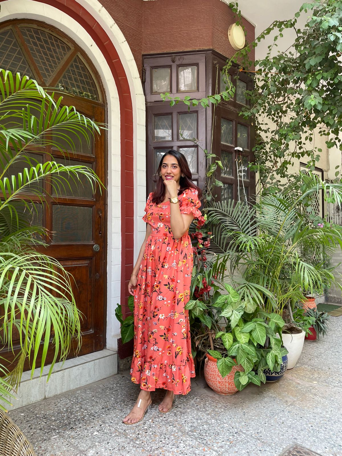 Floral Puffed Maxi Dress- Orange – The Wink Label