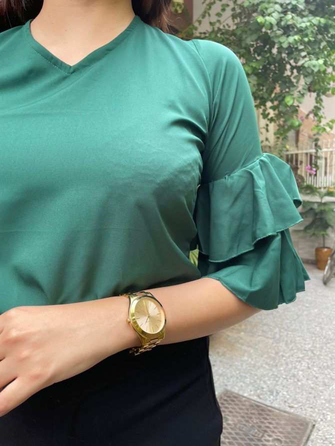 Ruffled Bell Sleeve Top- Green