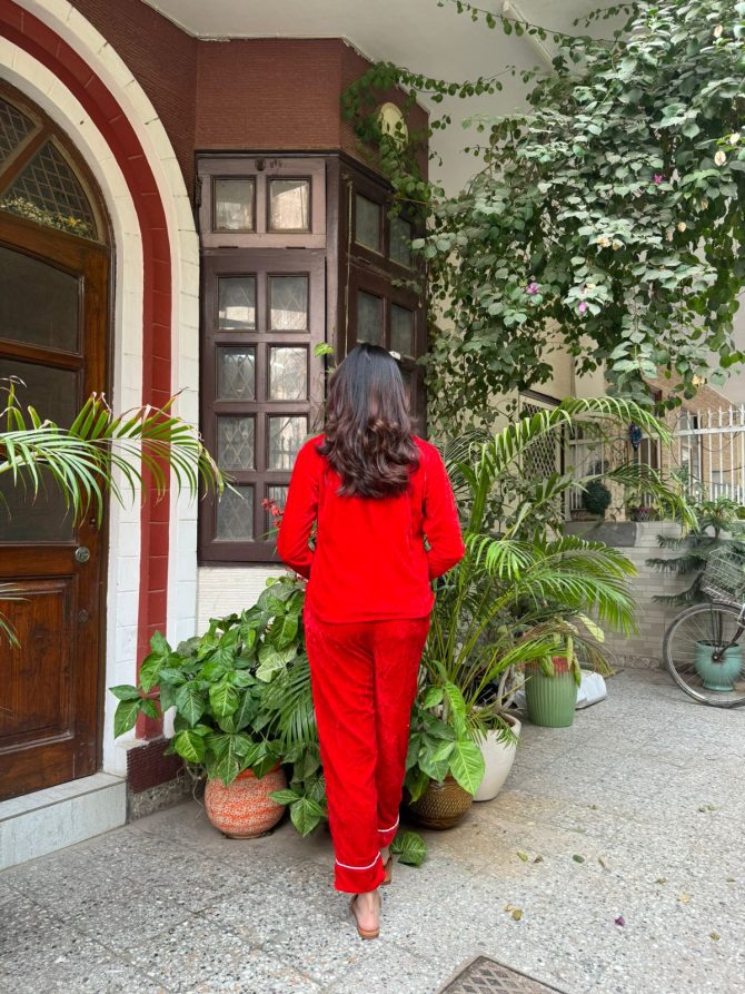 Velvet Nightsuit (Top & Pajamas Set)-Red