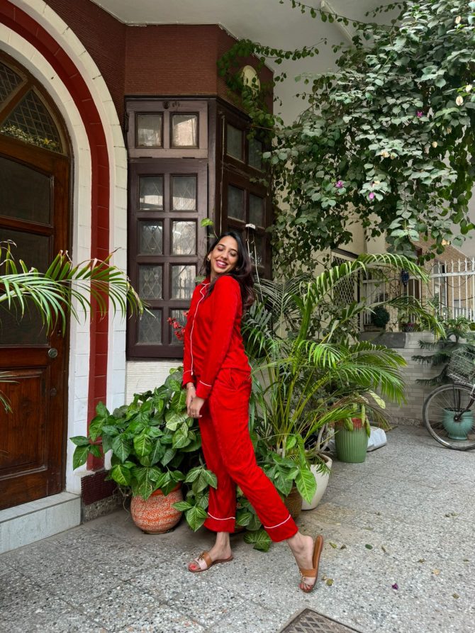 Velvet Nightsuit (Top & Pajamas Set)-Red