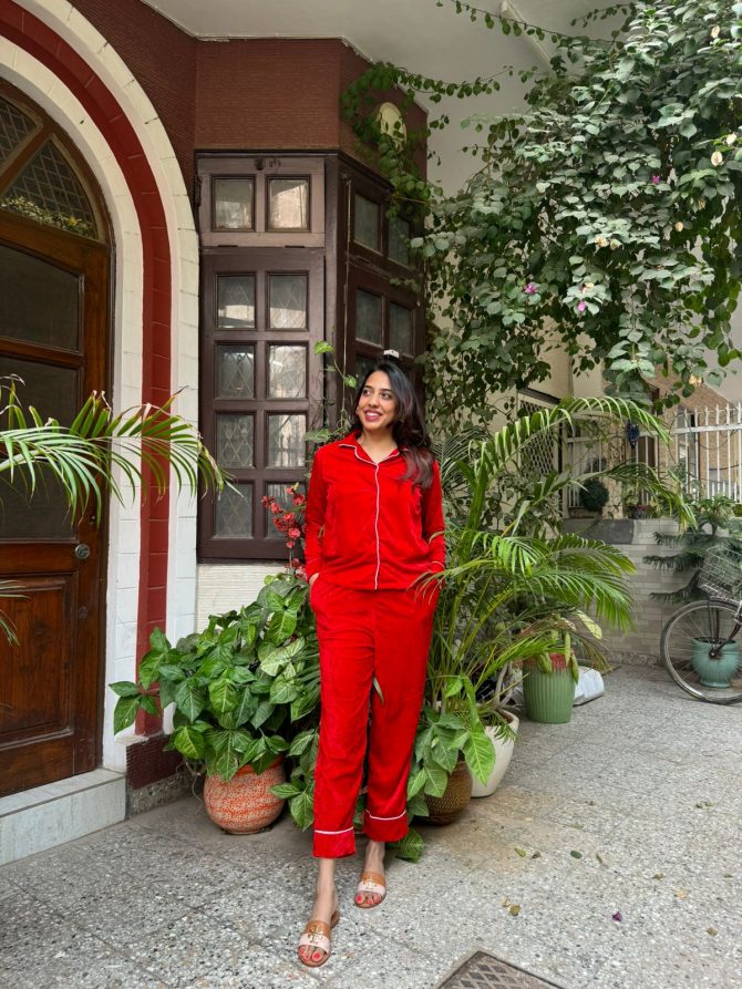 Velvet Nightsuit (Top & Pajamas Set)-Red