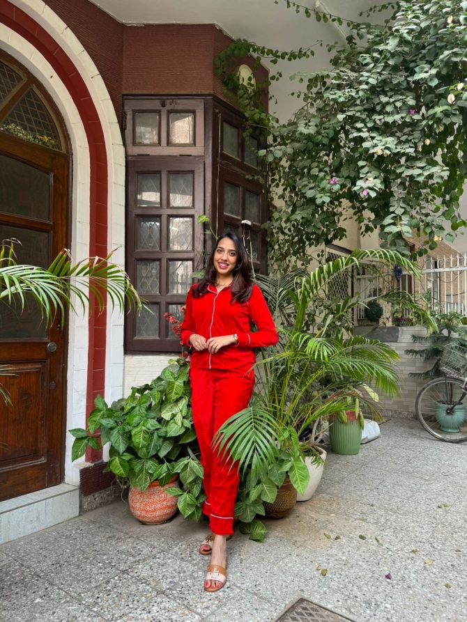 Velvet Nightsuit (Top & Pajamas Set)-Red
