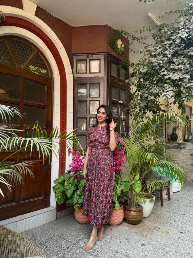 Red Floral Dress with Belt