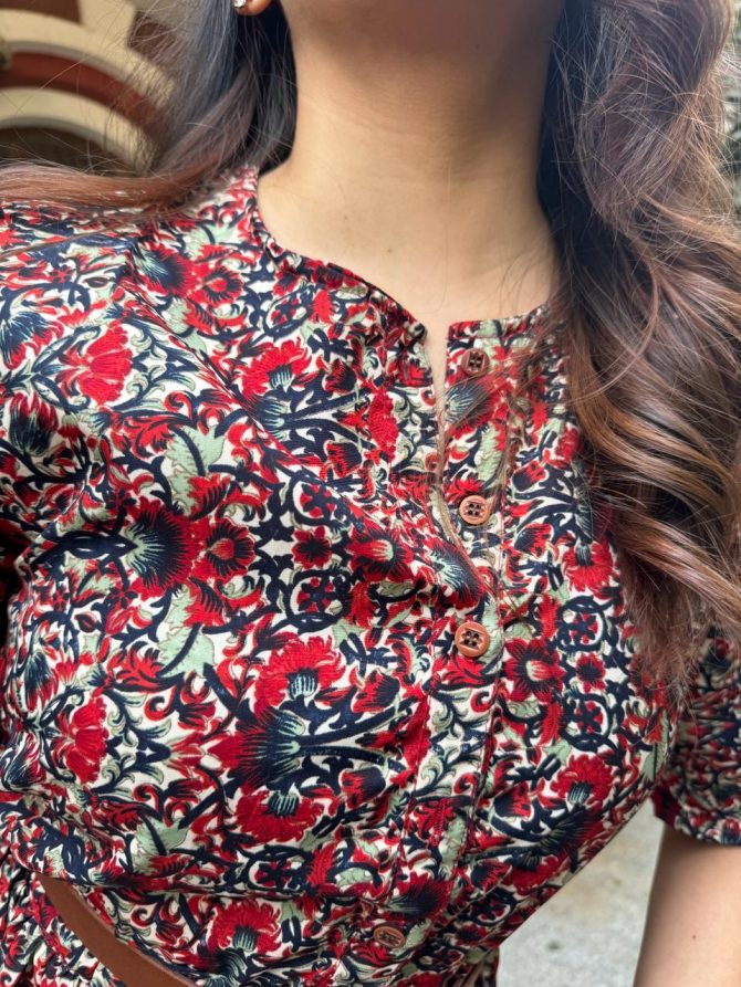 Red Floral Dress with Belt