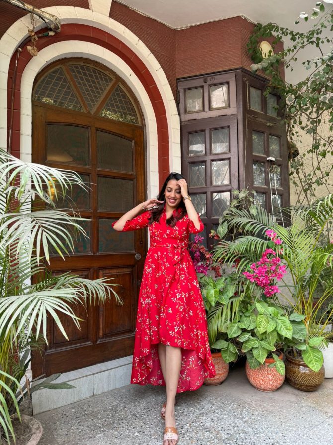 Red Floral High Low Dress
