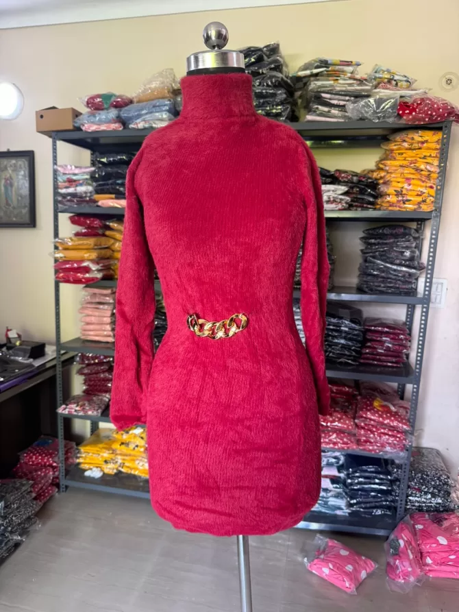 Fuzzy Sweater Dress with Belt (Free Size) - Red