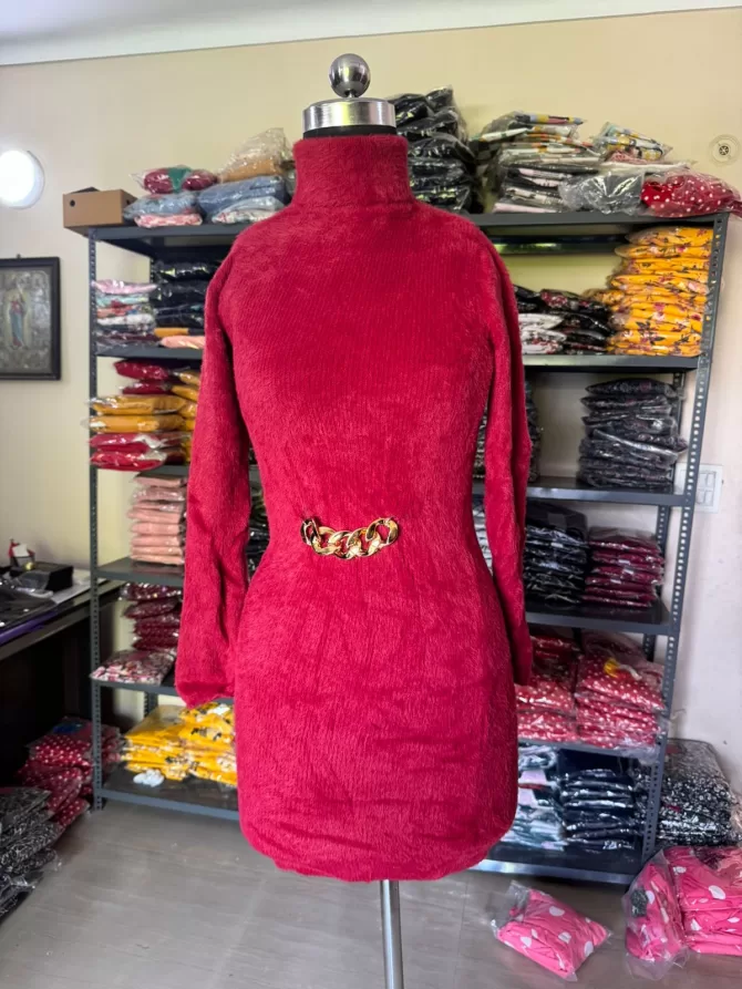Fuzzy Sweater Dress with Belt (Free Size) - Red