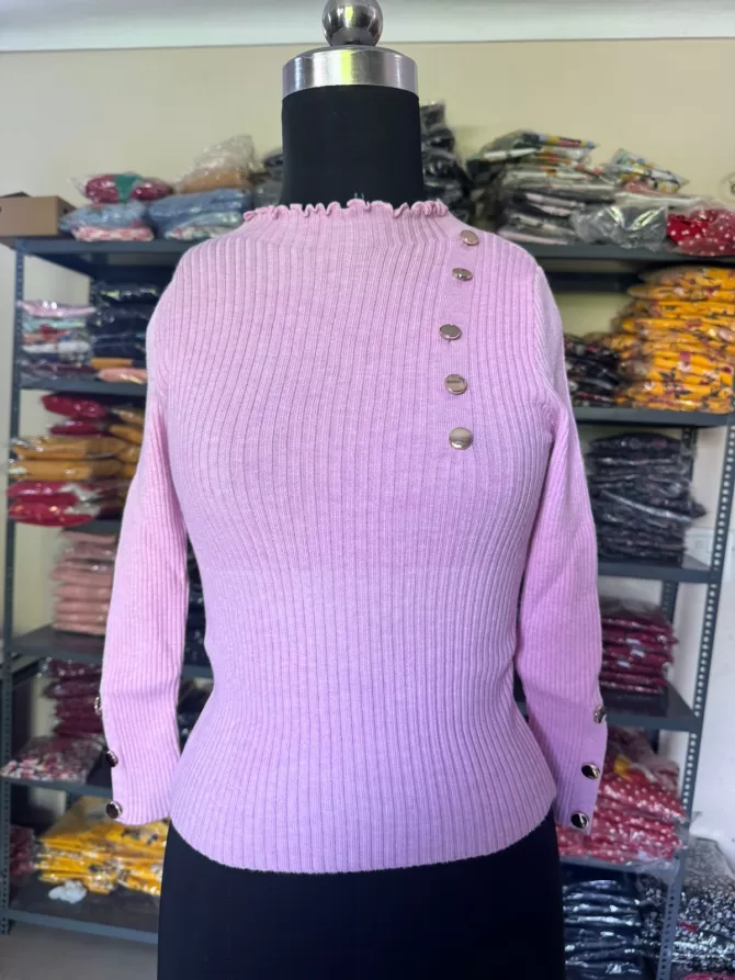 Pink Buttoned Ribbed Sweater (Free Size)