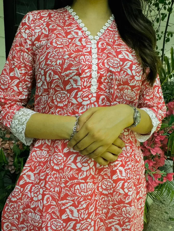 Cutie Cotton Kurti w/ Lace - Red