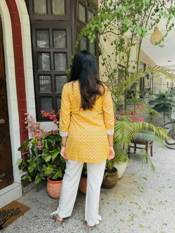Cutie Cotton Kurti w/ Lace - Yellow