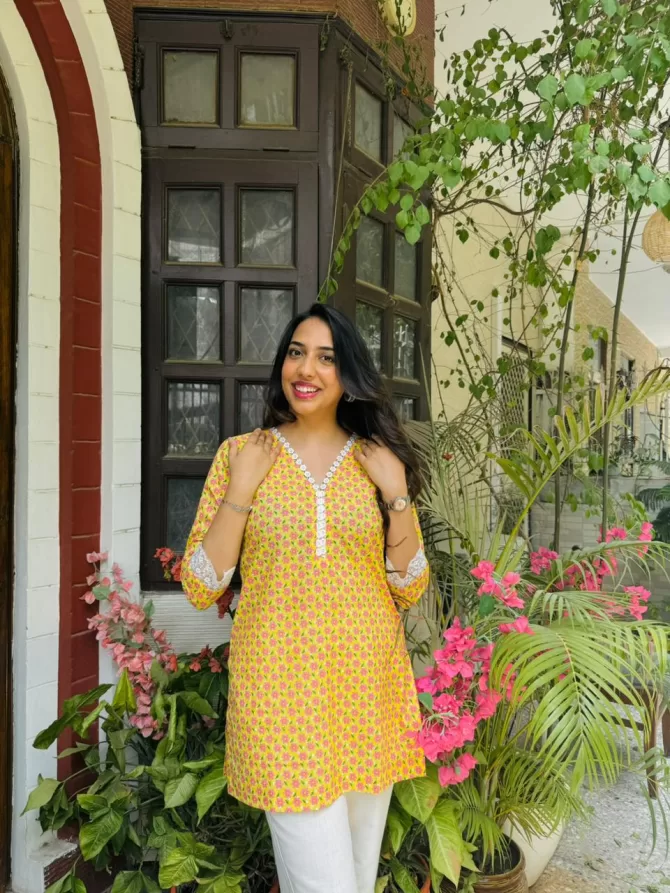 Cutie Cotton Kurti w/ Lace - Yellow